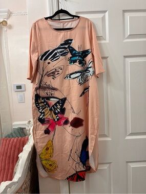 Peach Long-Sleeve Butterfly Print Shift Dress